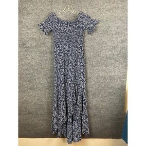 Lulus Maxi Dress Womens Small Blue White Floral Excellent Smocked High Low Hem